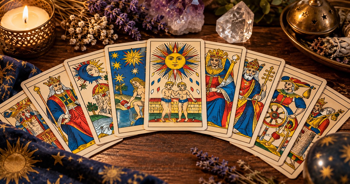 Cartas do Tarot de Marselha de tra&ccedil;os simples e cores chapadas, dispostas sobre uma mesa de madeira