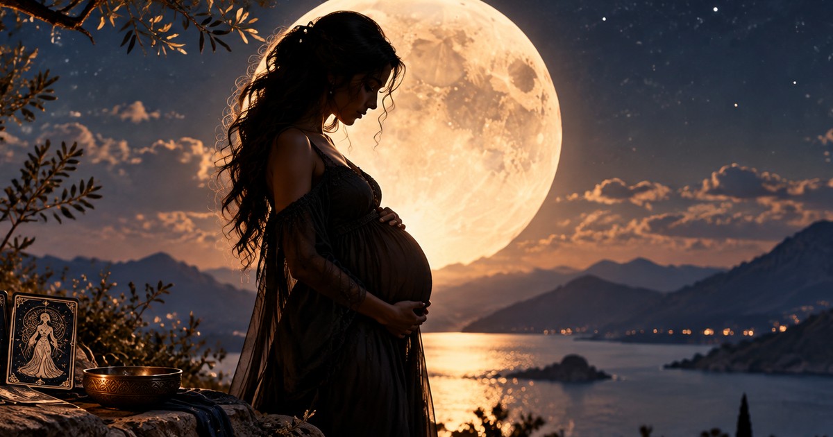 Lua cheia sobre uma paisagem noturna e uma silhueta feminina com as m&atilde;os na barriga