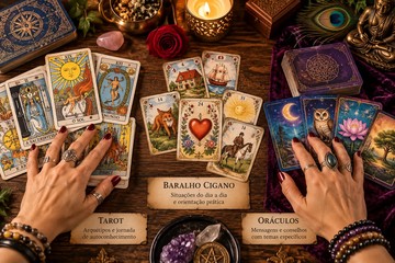 Diferentes baralhos espalhados sobre uma mesa: Tarot, baralho cigano e cartas oraculares