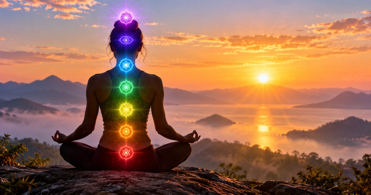 Sete chakras coloridos ao longo de uma silhueta em medita&ccedil;&atilde;o sobre fundo estrelado
