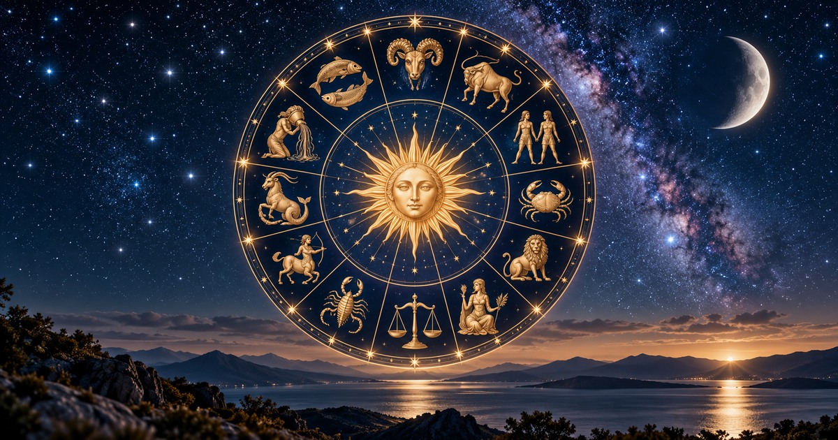Roda do zod&iacute;aco com os doze signos sobre um c&eacute;u estrelado