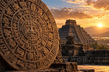 Pedra do Sol asteca com os glifos dos signos de dia gravados em c&iacute;rculo, em um s&iacute;tio arqueol&oacute;gico no M&eacute;xico
