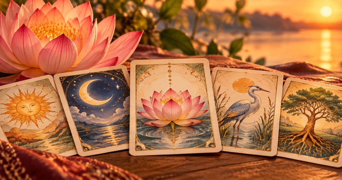 Cartas do Tarot T&acirc;ntrico com s&iacute;mbolos da cultura indiana em cores vivas sobre uma mesa