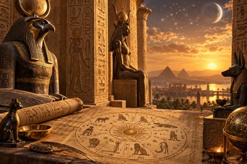 Papiro com um c&iacute;rculo zodiacal de s&iacute;mbolos eg&iacute;pcios, ao lado de est&aacute;tuas de divindades e das pir&acirc;mides ao p&ocirc;r do sol