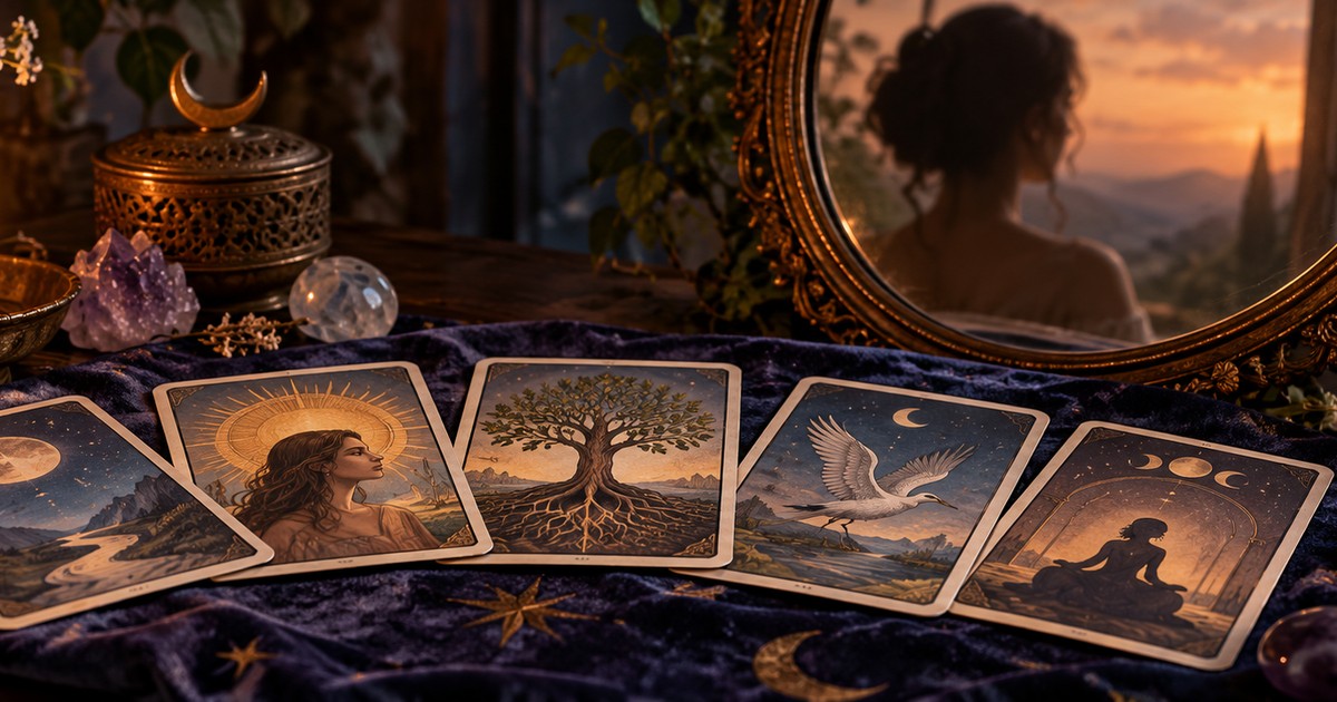 Cartas simb&oacute;licas sobre uma mesa, tema do Tarot Symbolon e do autoconhecimento