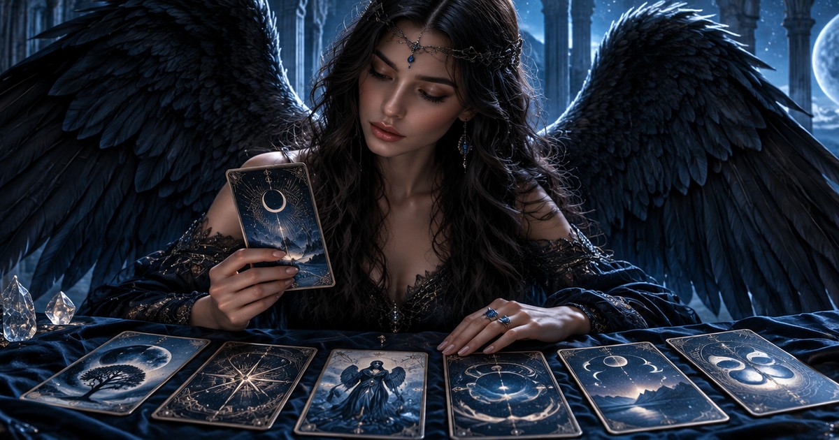 Anjo de asas escuras em ambiente g&oacute;tico, no estilo do Dark Angels Tarot