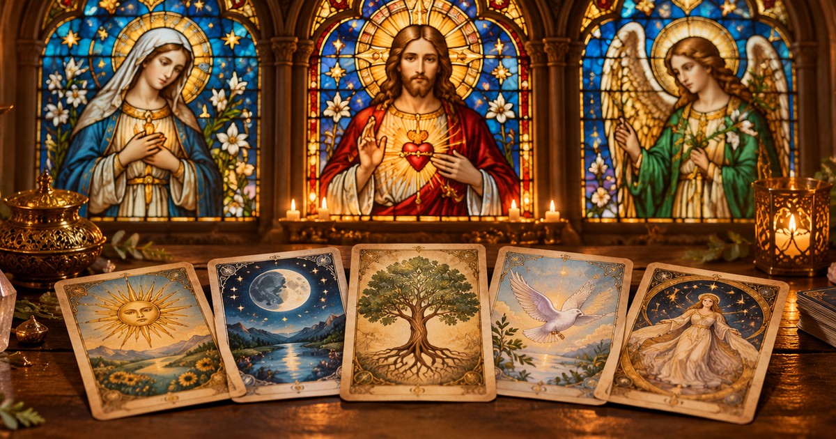 Cartas do Tarot dos Santos com imagens de santos em estilo de arte sacra