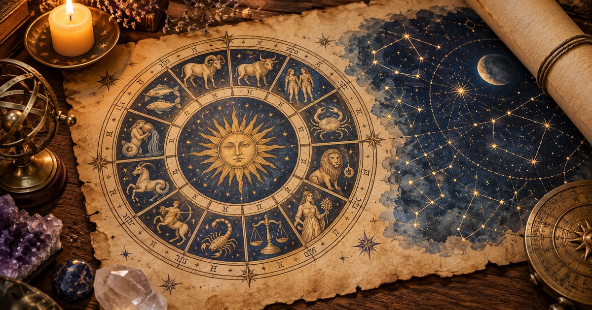 Roda do zod&iacute;aco com os doze signos sobre um c&eacute;u estrelado, ilustrando o hor&oacute;scopo