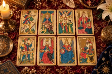 Cartas do Tarot de Oswald Wirth com simbolismo herm&eacute;tico, sobre uma mesa com um livro antigo