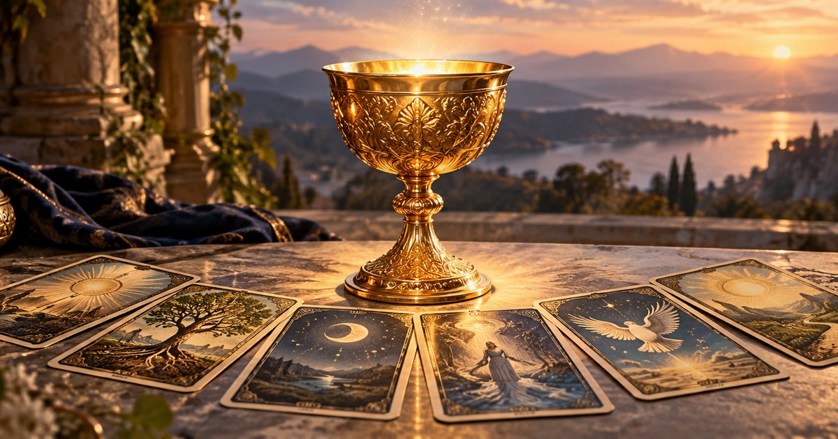 Cartas do Tarot do Santo Graal em tons pastel com cavaleiros e c&aacute;lice