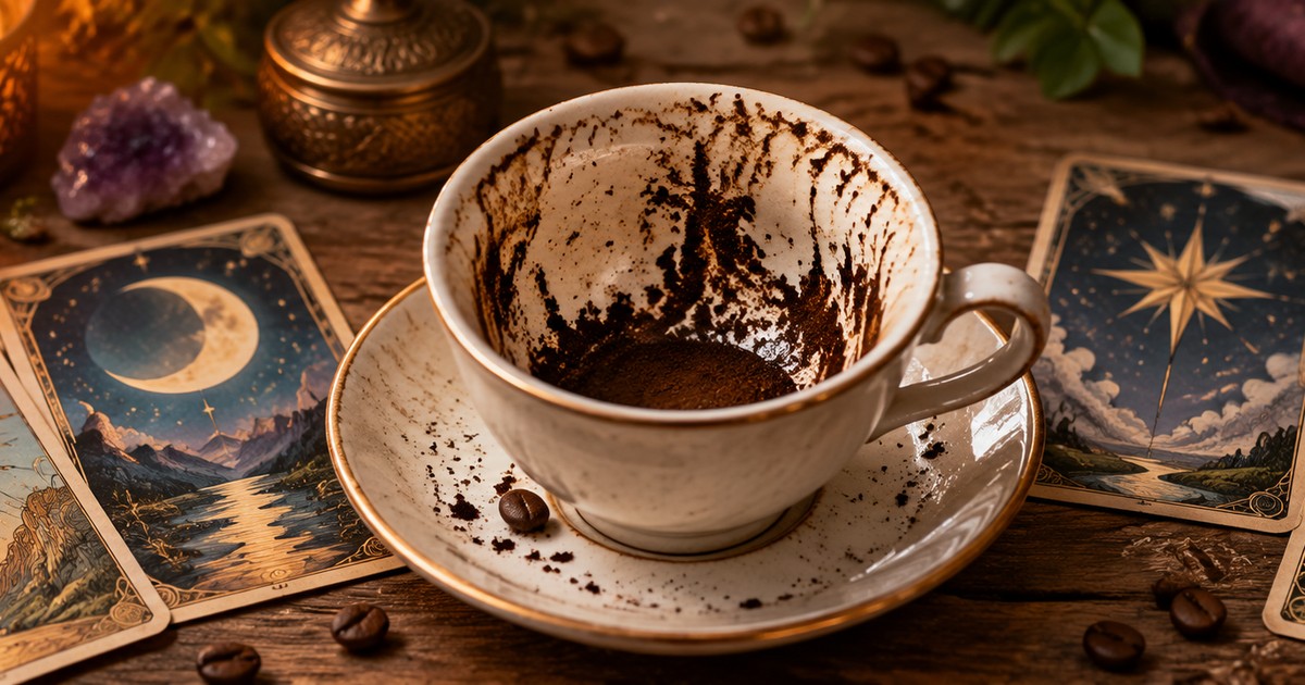 X&iacute;cara de porcelana virada sobre um pires, com borra de caf&eacute; escorrendo pelas paredes internas