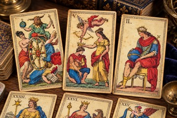 Cartas antigas do Minchiate florentino, com figuras aleg&oacute;ricas e s&iacute;mbolos zodiacais, sobre uma mesa de madeira