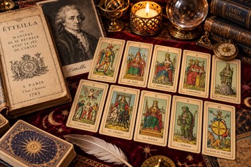 Cartas antigas do baralho Etteilla com ilustra&ccedil;&otilde;es francesas do s&eacute;culo XVIII, sobre um pergaminho