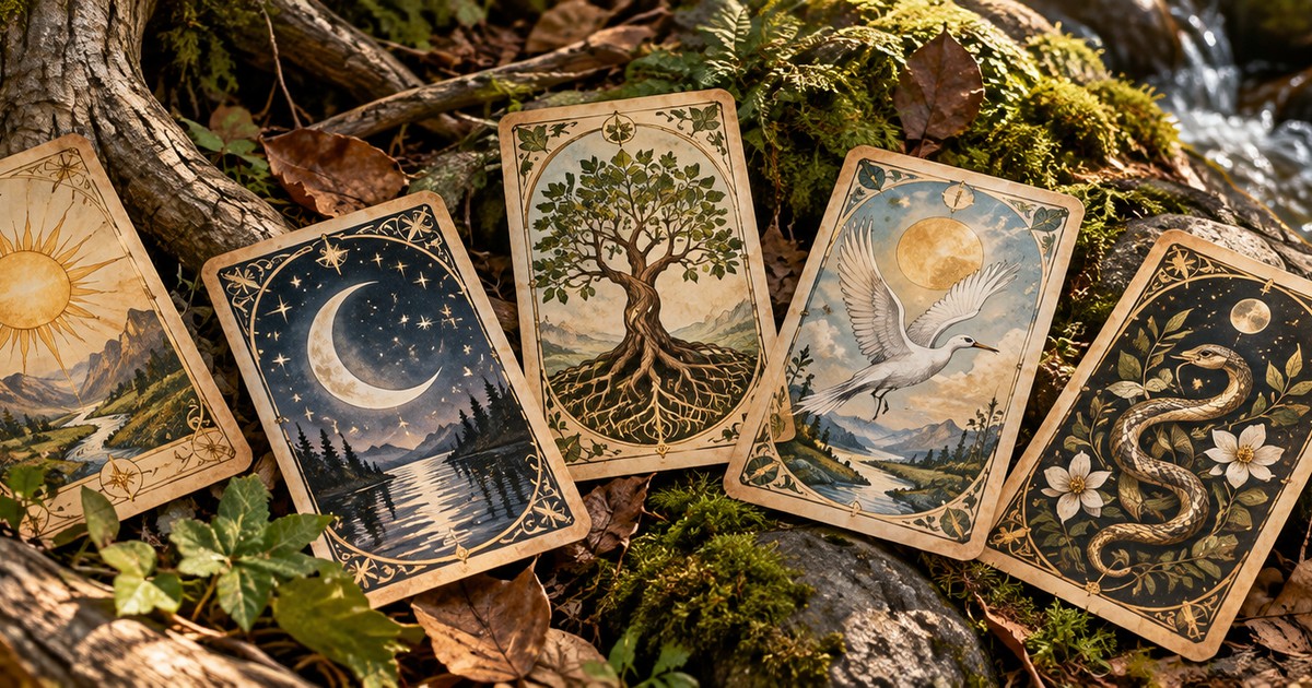 Cartas de tarot ilustradas com &aacute;rvores e elementos da natureza sobre uma mesa de madeira