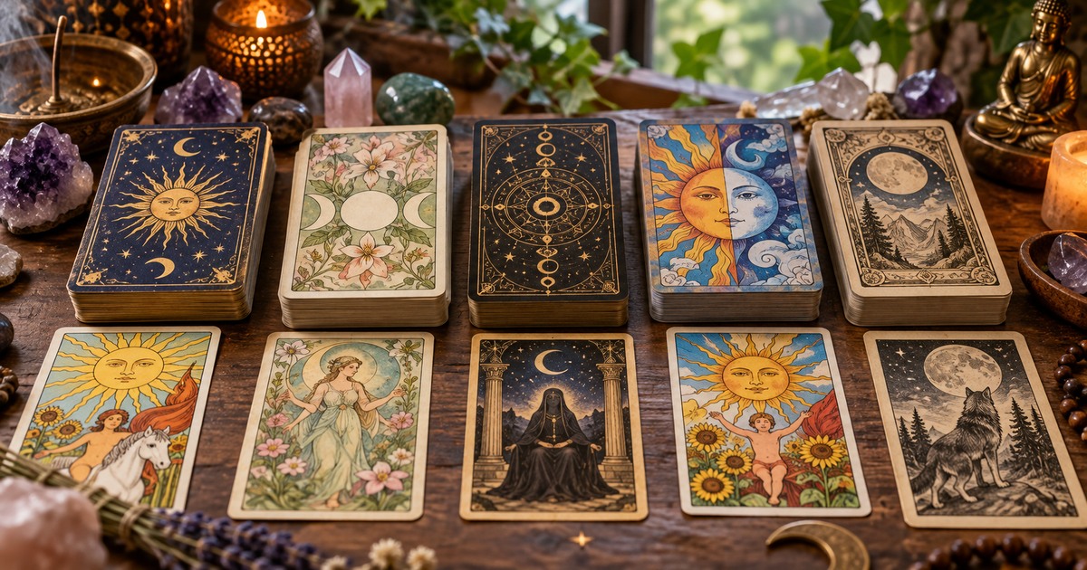Diversos baralhos de Tarot de &eacute;pocas e estilos diferentes dispostos sobre uma mesa