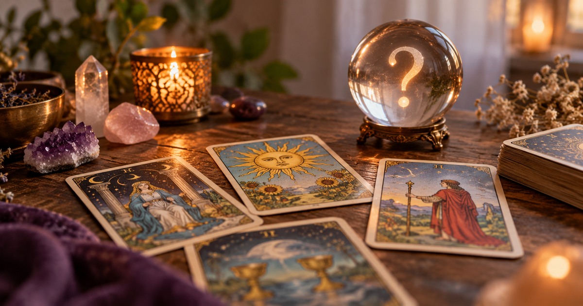 Cartas de Tarot sobre uma mesa de madeira, ao lado de uma bola de cristal marcada por um ponto de interroga&ccedil;&atilde;o