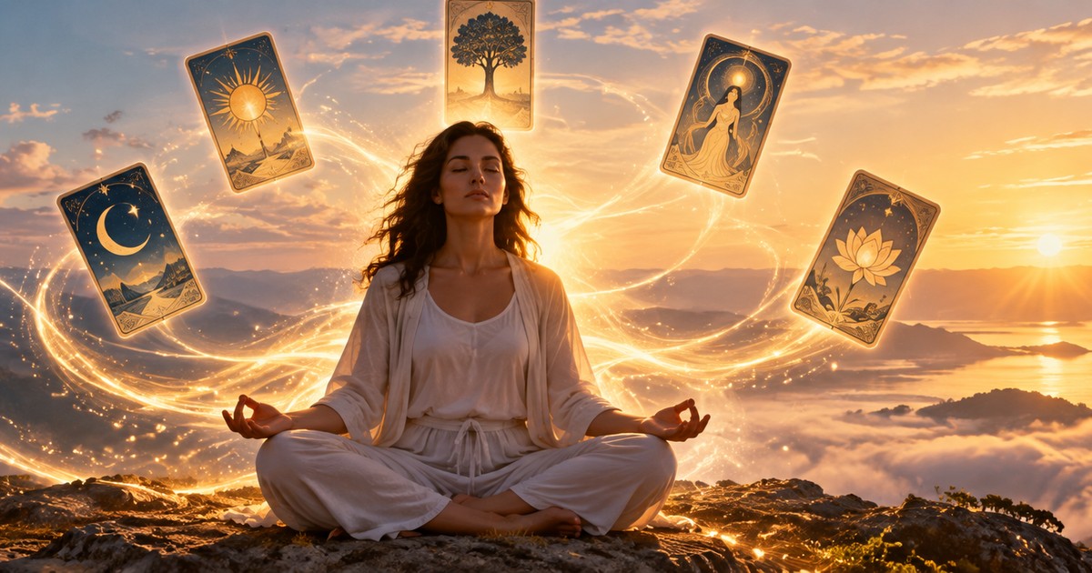 Pessoa sentada em medita&ccedil;&atilde;o com os olhos fechados em um ambiente calmo, com luz suave ao fundo