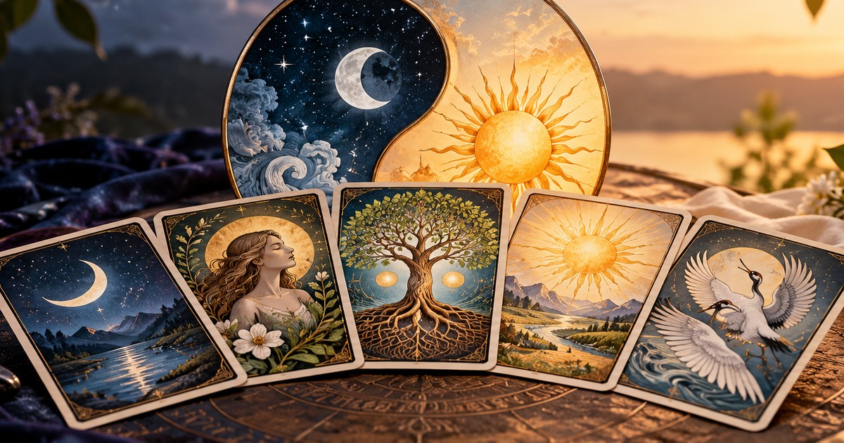 Cartas do Tarot da Harmonia com ilustra&ccedil;&otilde;es delicadas em cores pastel sobre uma mesa
