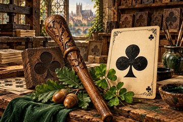 Bast&atilde;o com folhas verdes brotando e uma chama ao fundo, s&iacute;mbolo do naipe de Paus no tarot