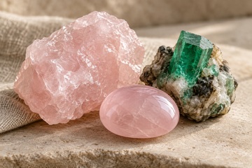Pedras do amor, como quartzo rosa e esmeralda, em tons de rosa e verde sobre uma mesa