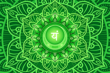 Silhueta com um s&iacute;mbolo verde no centro do peito, representando o chakra card&iacute;aco