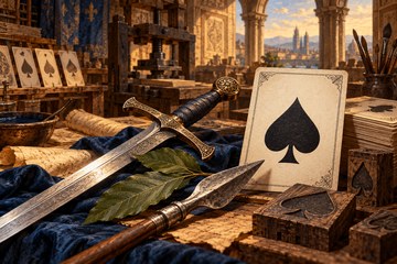 Espada erguida entre nuvens e raios de luz, s&iacute;mbolo do naipe de Espadas no tarot