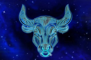 Cabe&ccedil;a de touro estilizada em azul sobre um c&eacute;u estrelado, s&iacute;mbolo do signo de Touro