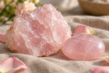 Cristais de quartzo rosa em tons suaves sobre um fundo claro