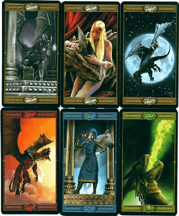 Cartas de tarot ilustradas sobre uma mesa, tema do Tarot dos Drag&otilde;es