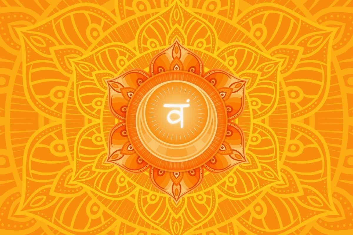 S&iacute;mbolo do chakra Svadhisthana, uma flor de l&oacute;tus laranja com seis p&eacute;talas, sobre um fundo azul-&aacute;gua