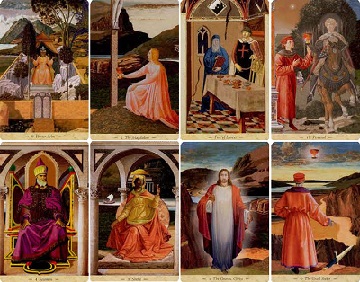 Cartas do Tarot do Santo Graal com cavaleiros templ&aacute;rios, espada, lan&ccedil;a e c&aacute;lice