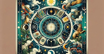 Roda do zod&iacute;aco ao lado de cartas dos Arcanos Maiores do Tarot