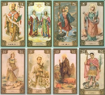 Cartas do Tarot dos Santos com imagens de santos em estilo de arte sacra