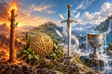 Quatro cartas de tarot representando os naipes de Copas, Paus, Espadas e Ouros com s&iacute;mbolos dos quatro elementos