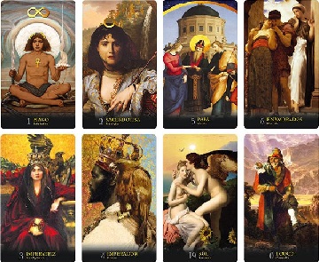 Cartas de tarot com figuras de casal e cora&ccedil;&otilde;es sobre uma mesa, tema do amor
