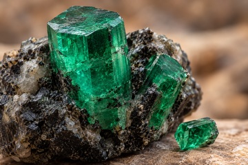Cristais de esmeralda verde profundo sobre uma superf&iacute;cie escura