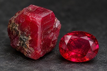 Rubi lapidado de cor vermelho intenso ao lado de um cristal de rubi bruto