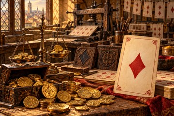 Moeda dourada com uma estrela de cinco pontas sobre uma paisagem verde, s&iacute;mbolo do naipe de Ouros no tarot