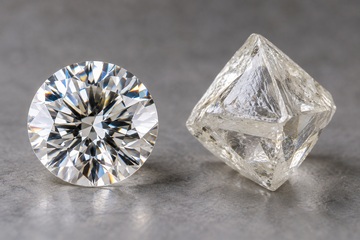 Diamante lapidado incolor com brilho intenso ao lado de um diamante bruto