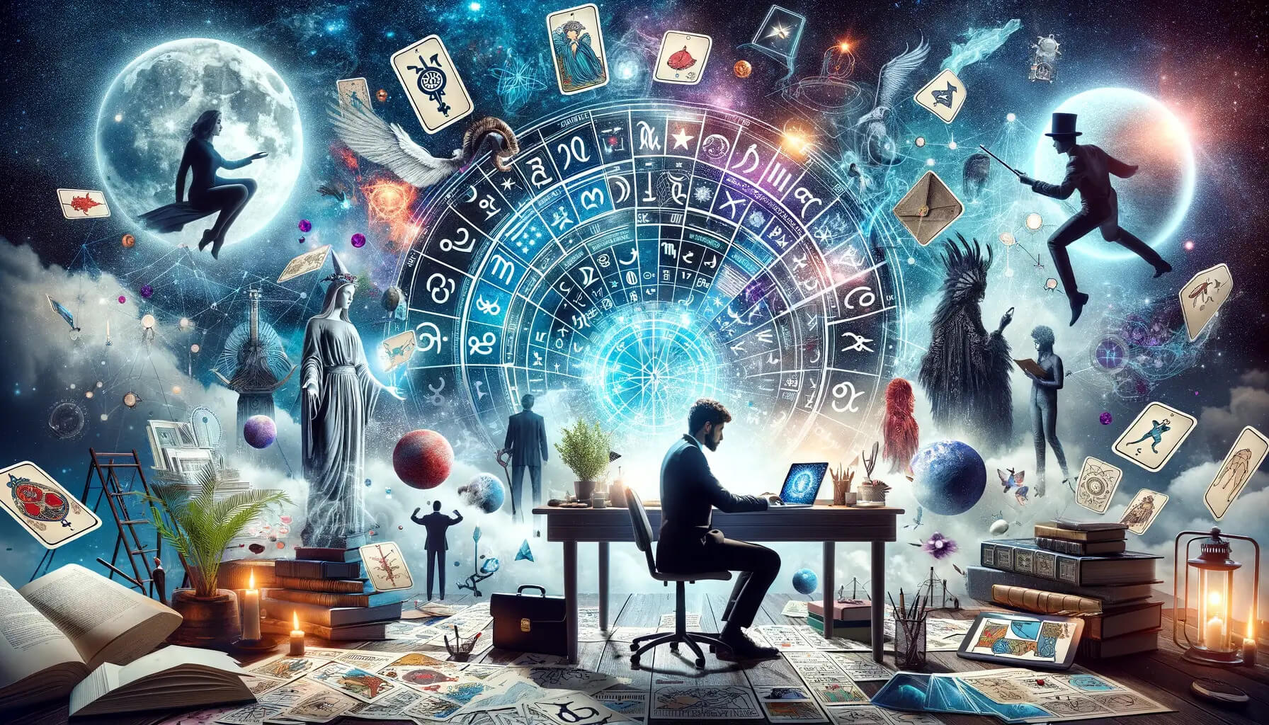 Roda dos signos do zod&iacute;aco ao lado de cartas de Ouros do Tarot e de objetos de trabalho