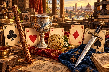 Cartas de baralho antigas com os s&iacute;mbolos de ta&ccedil;a, moeda, espada e bast&atilde;o sobre uma mesa de madeira