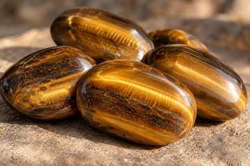 Pedra olho de tigre polida com faixas douradas e marrons e brilho sedoso