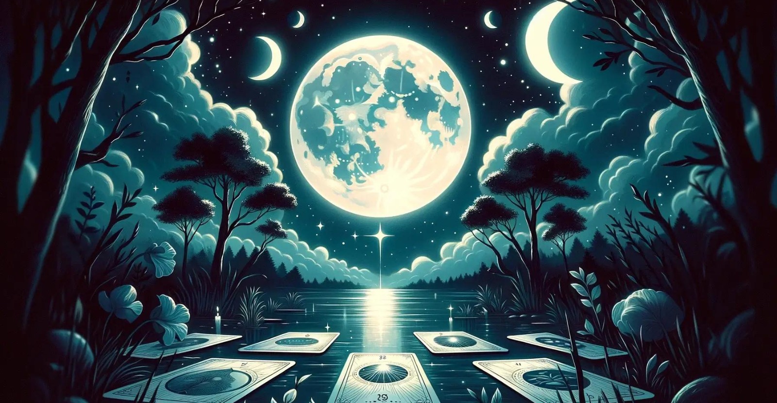 Lua cheia no c&eacute;u noturno ao lado de cartas de Tarot sobre uma mesa