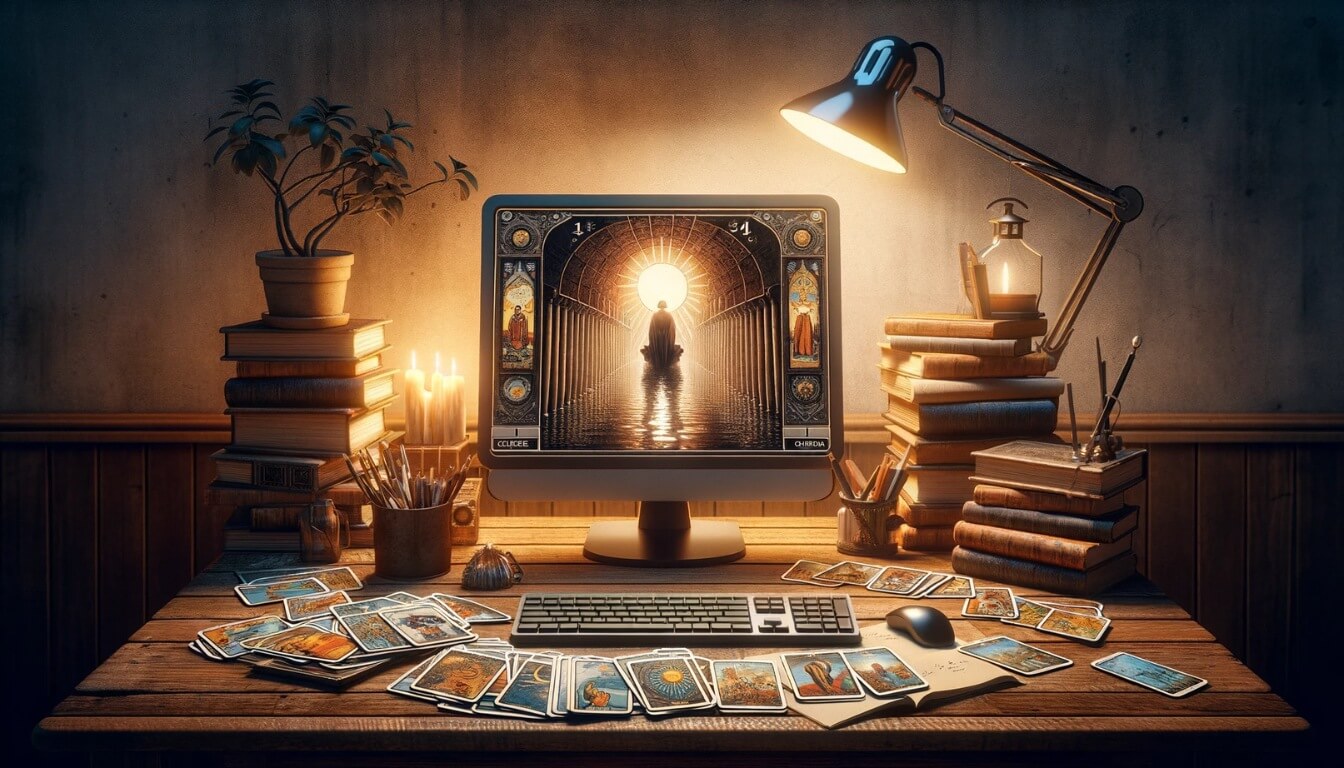 Pessoa fazendo uma consulta de tarot online pelo computador, com cartas de tarot sobre a mesa