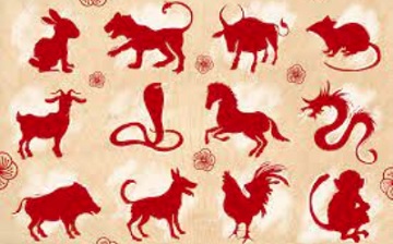 Doze animais do zod&iacute;aco chin&ecirc;s dispostos em c&iacute;rculo, com elementos decorativos em vermelho e dourado
