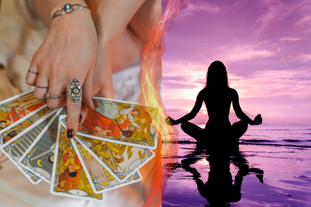 Pessoa meditando diante de uma carta de tarot apoiada sobre uma mesa