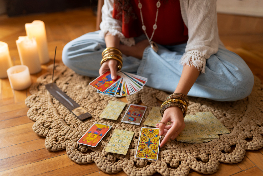 Roda do zod&iacute;aco ao lado de cartas dos quatro naipes do tarot: Paus, Copas, Espadas e Ouros