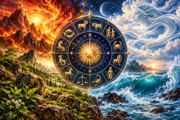 Quatro s&iacute;mbolos, chama, montanha, vento e onda, representando fogo, terra, ar e &aacute;gua