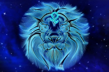 Le&atilde;o estilizado em tons dourados e o s&iacute;mbolo do signo de Le&atilde;o
