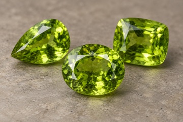 Peridotos lapidados em verde-oliva brilhante sobre fundo neutro